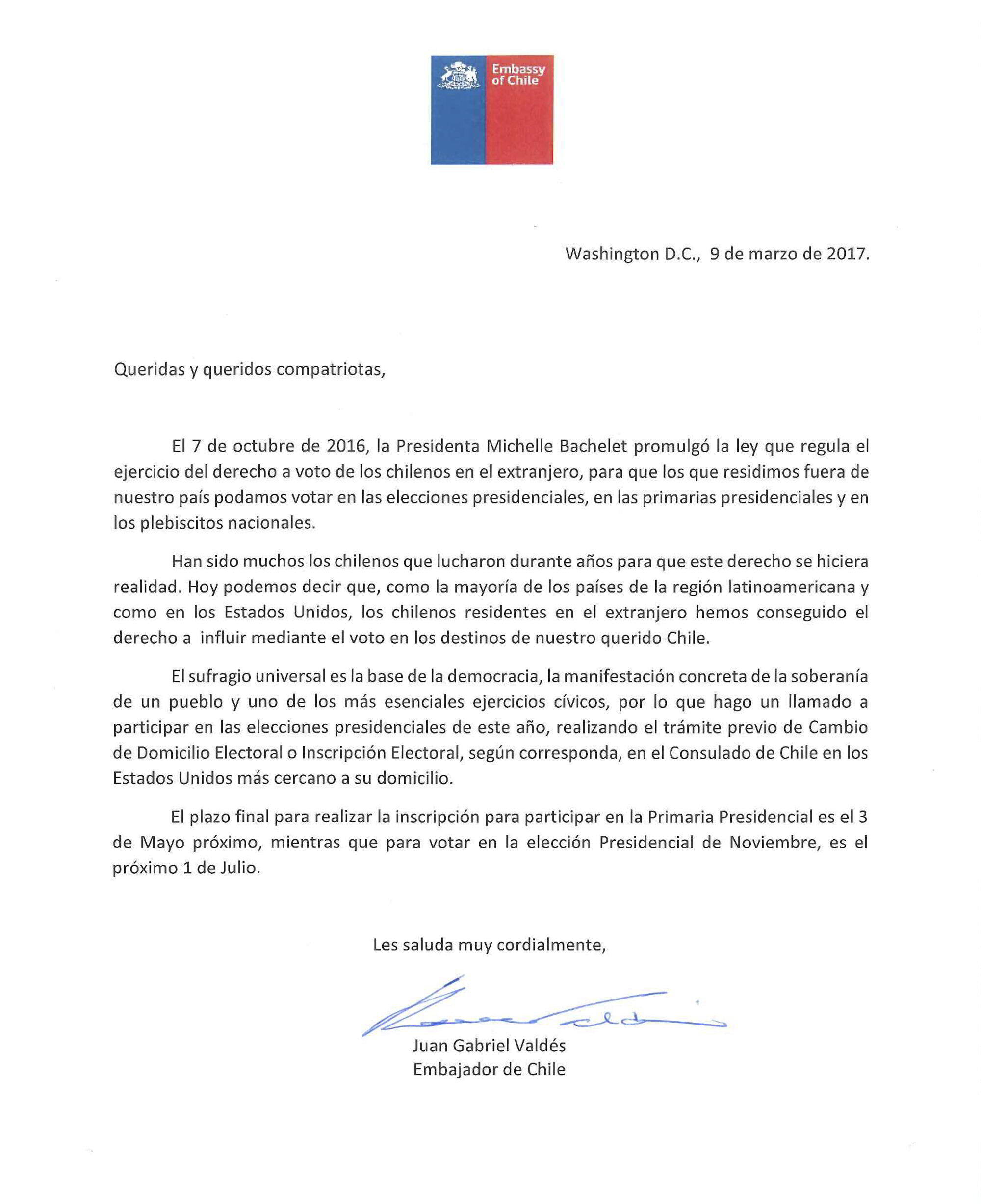 CARTA EMBAJADOR JUAN GABRIEL VALDÉS